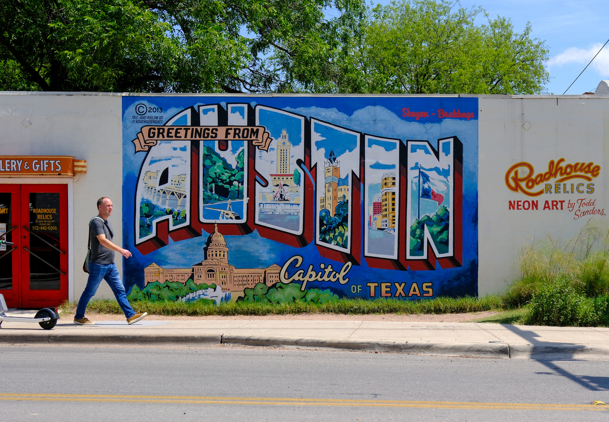 The Greetings from Austin postcard mural in South Congress, Austin, TX