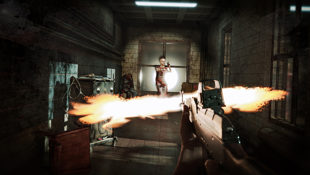 Zombie shooting game concept. The player shoots an ak 47 to an attacking zombie - 3d render