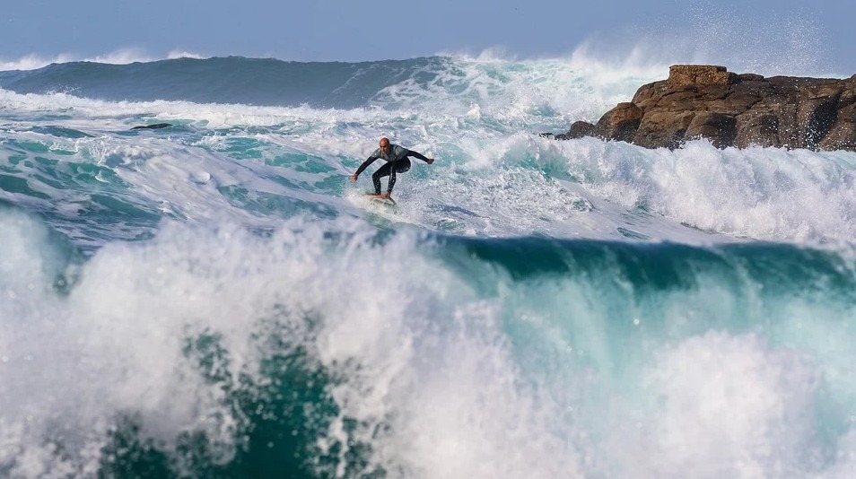 surfer, surfing board, ocean, wave, island, rock formation