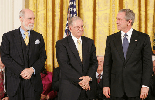 (left to right) Cerf and Kahn being awarded the Presidential Medal of Freedom by President George W. Bush