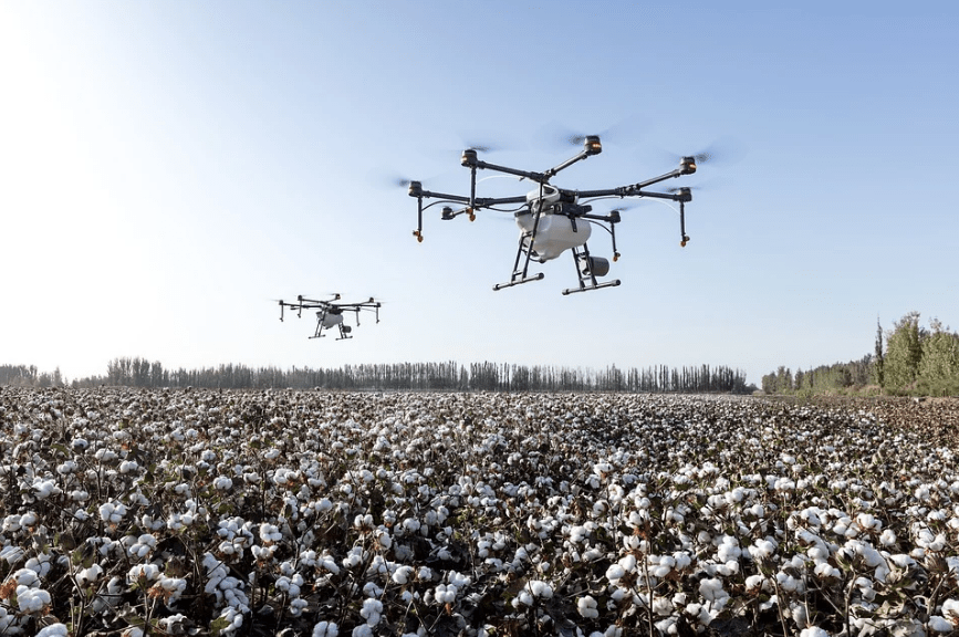 2 drones flying above a flower field