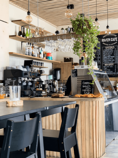 A beautiful black and wooden coffee shop