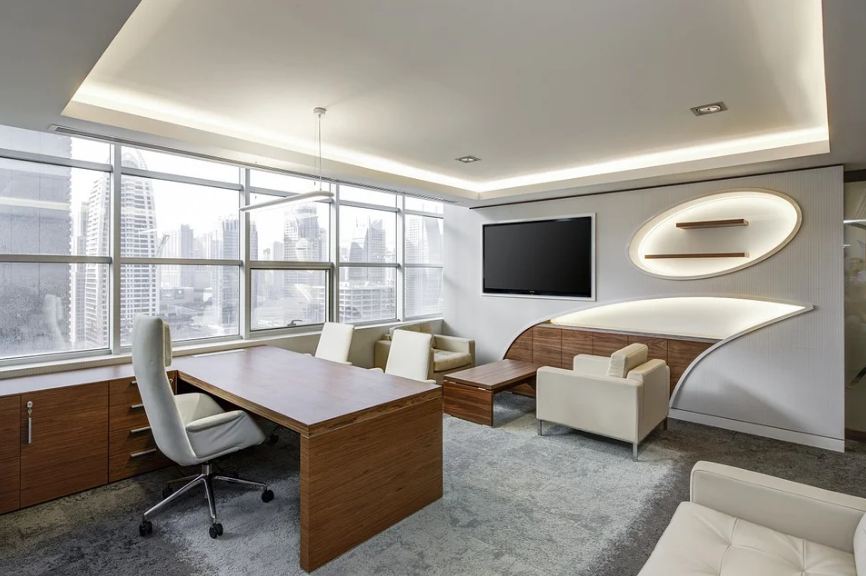 office room, white motif office room, office with furniture, table, chairs, television