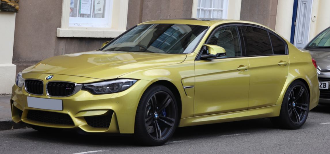 BMW M3, car in a yellow metallic color, car parked along the road