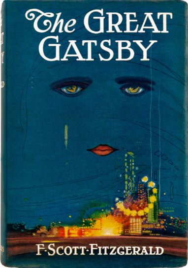 The Great Gatsby book, blue book cover, drawing of a face