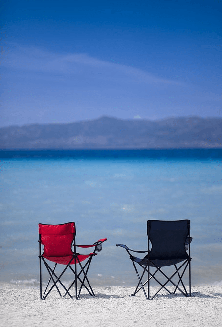 beach chairs, beach, sand, seawater, island, blue sky, clouds