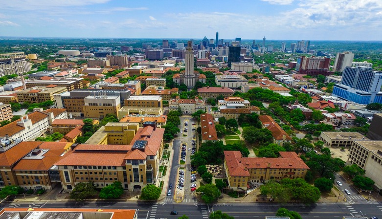 UT Tower Aerial over Campus University of Texas Austin